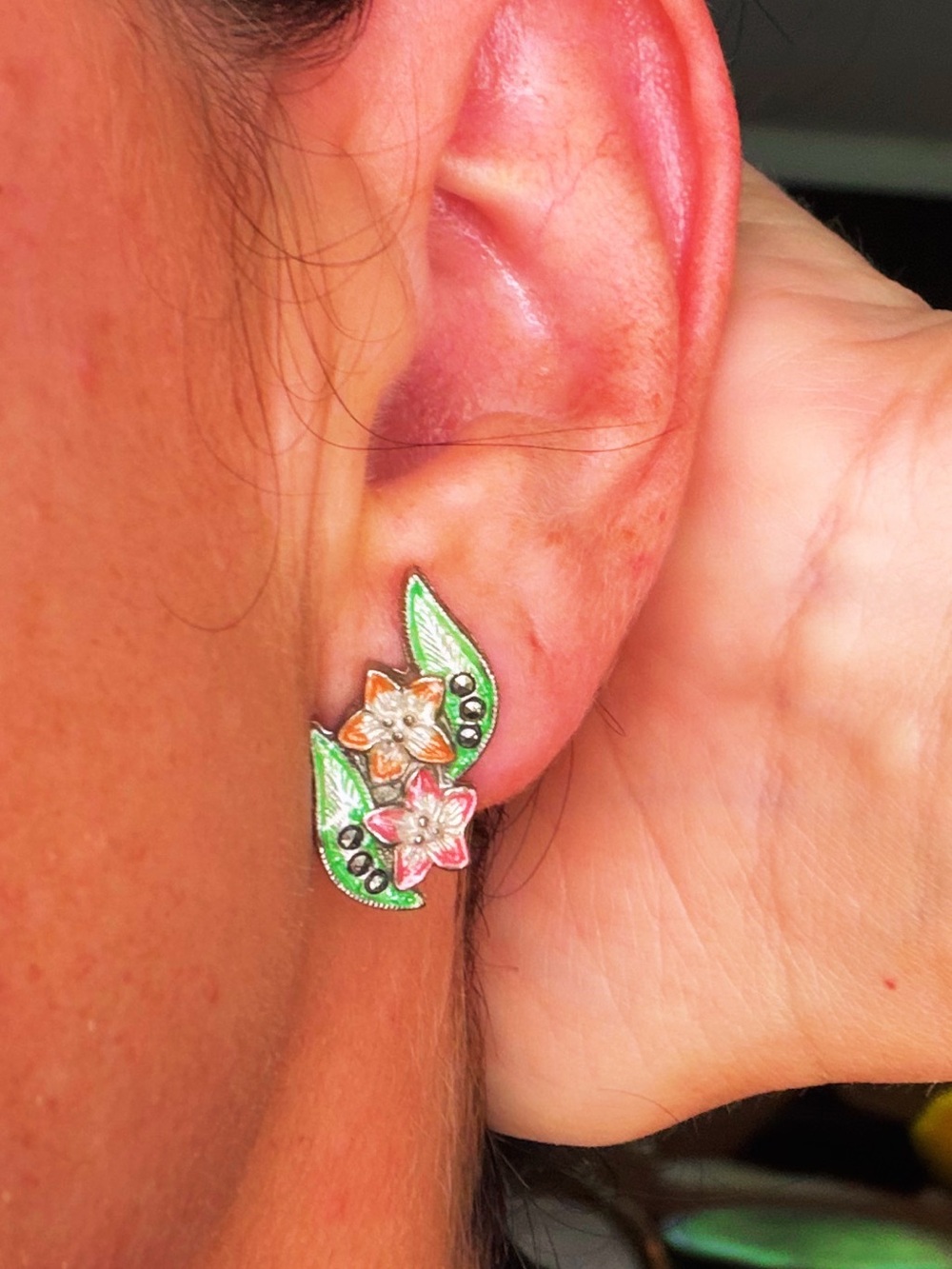 Floral Leaf Enamel Earrings in Green and Pink